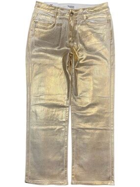 NEW Queen Hearts Paris Gold Metallic Coated Wide Leg Straight Jeans Size XL / 31